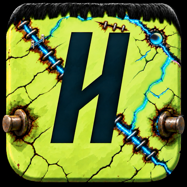 Abby’s Frankenstein-inspired Handshake logo: a lime-green H creature with cyan electrical seams, a small lift bridge, and a glowing AI orb.